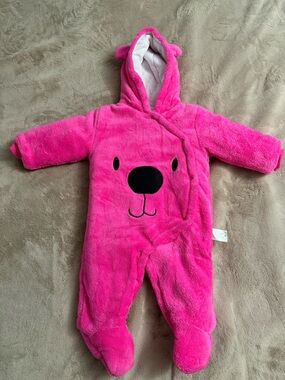 Plush Pink Hooded Baby One-Piece Snowsuit with Bear Face